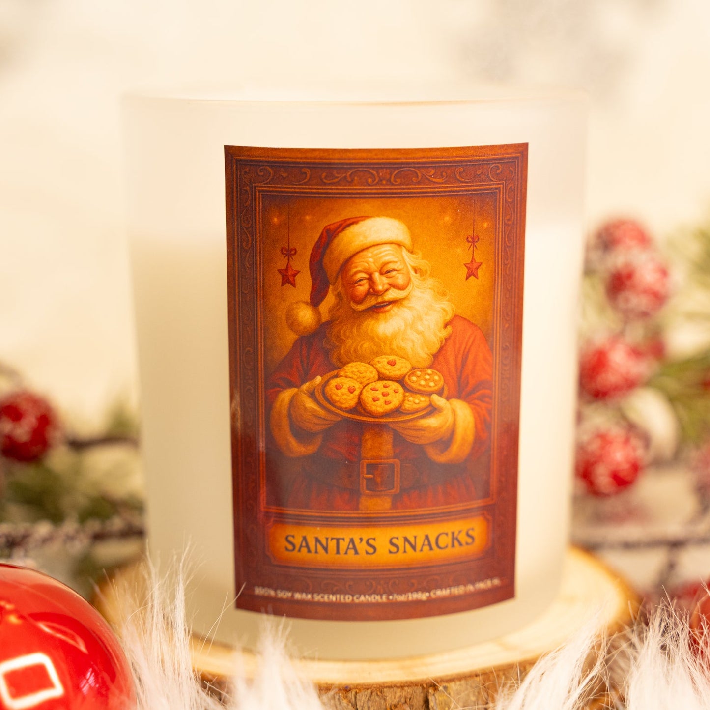Candle with a Santa Claus label surrounded by Christmas decorations