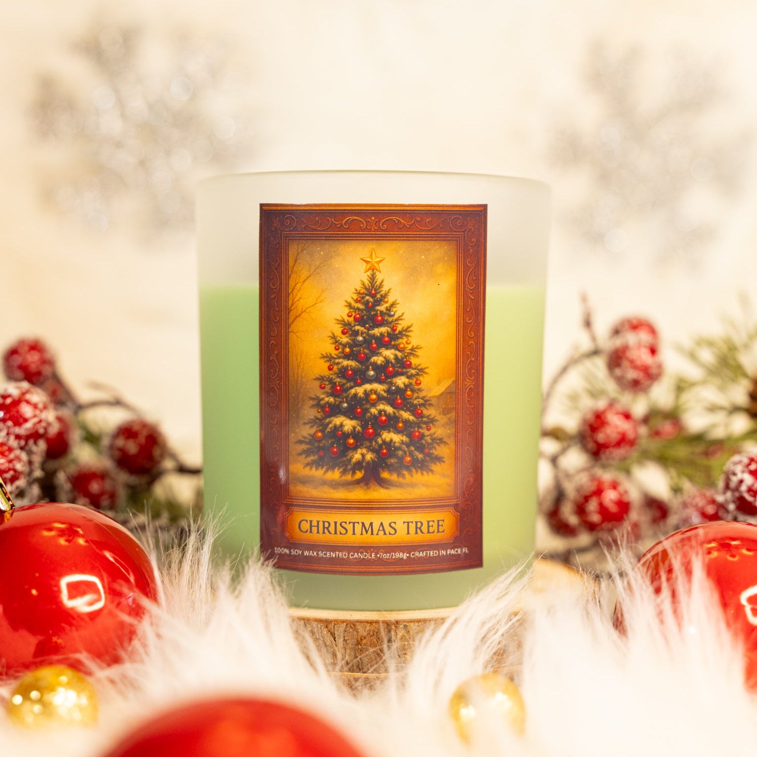 Christmas tree-themed candle with decorative elements on a blurred background