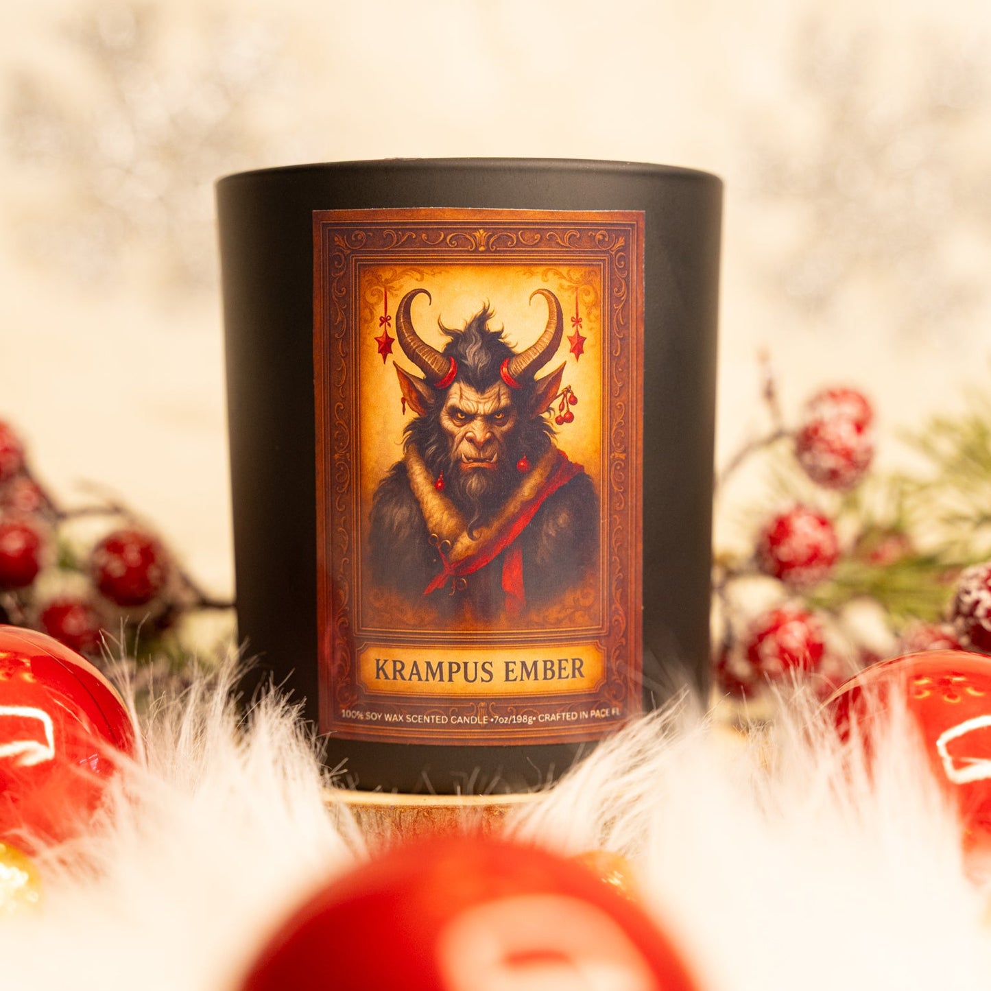 Candle labeled 'Krampus Ember' with a decorative background featuring berries and feathers.
